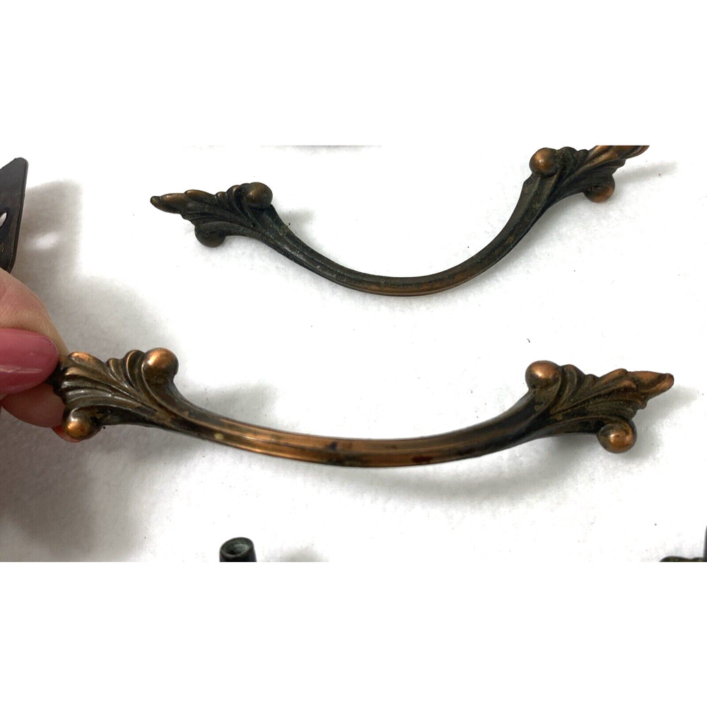6 Vintage Coppertone Black Metal Cabinet Drawer‎ Pull Handles & 8 Hinges Japan - Picture 6 of 9